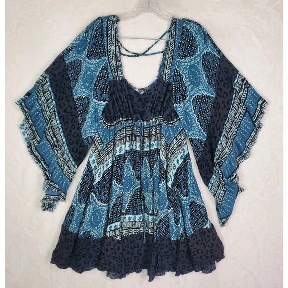 Free People Dresses & Skirts - Free People Heart of Gold Mini Dress Blue Charcoal Sz Small Bell Sleeve Lined